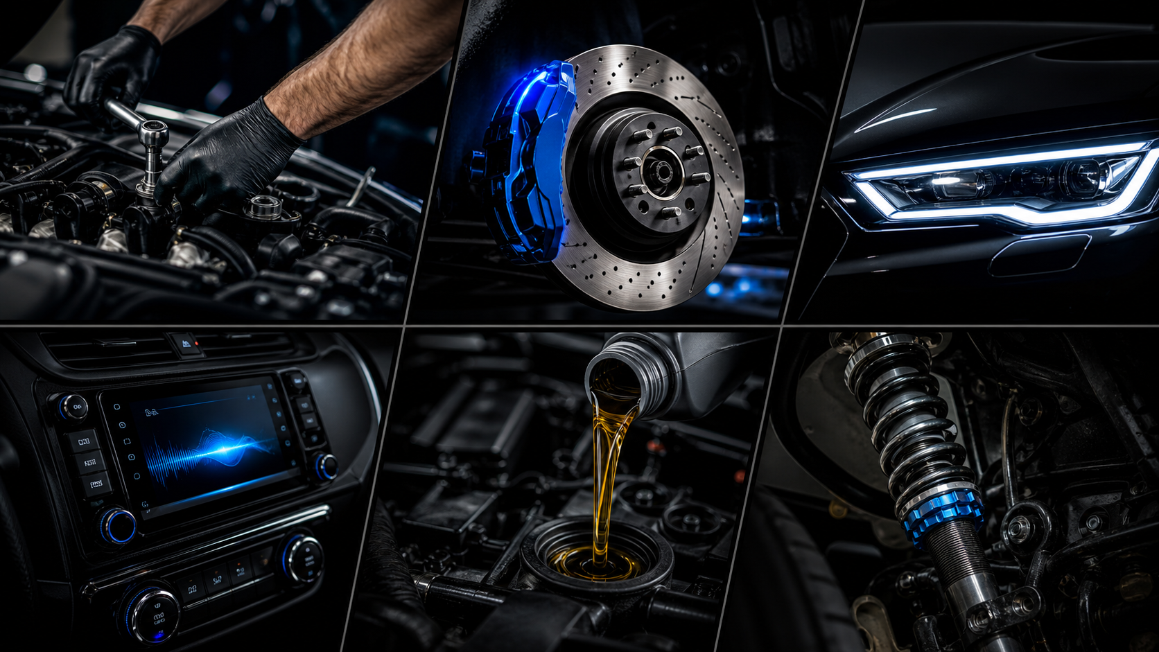Automotive repair details including brakes, headlights, stereo, oil, and suspension